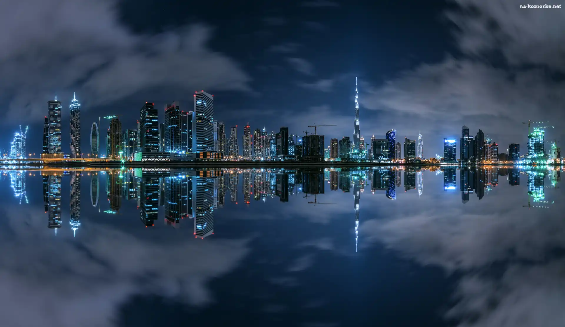Zjednoczone Emiraty Arabskie, Woda, Dzielnica Business Bay, Odbicie, Dubaj, Miasto nocą, Wieżowce, Zatoka