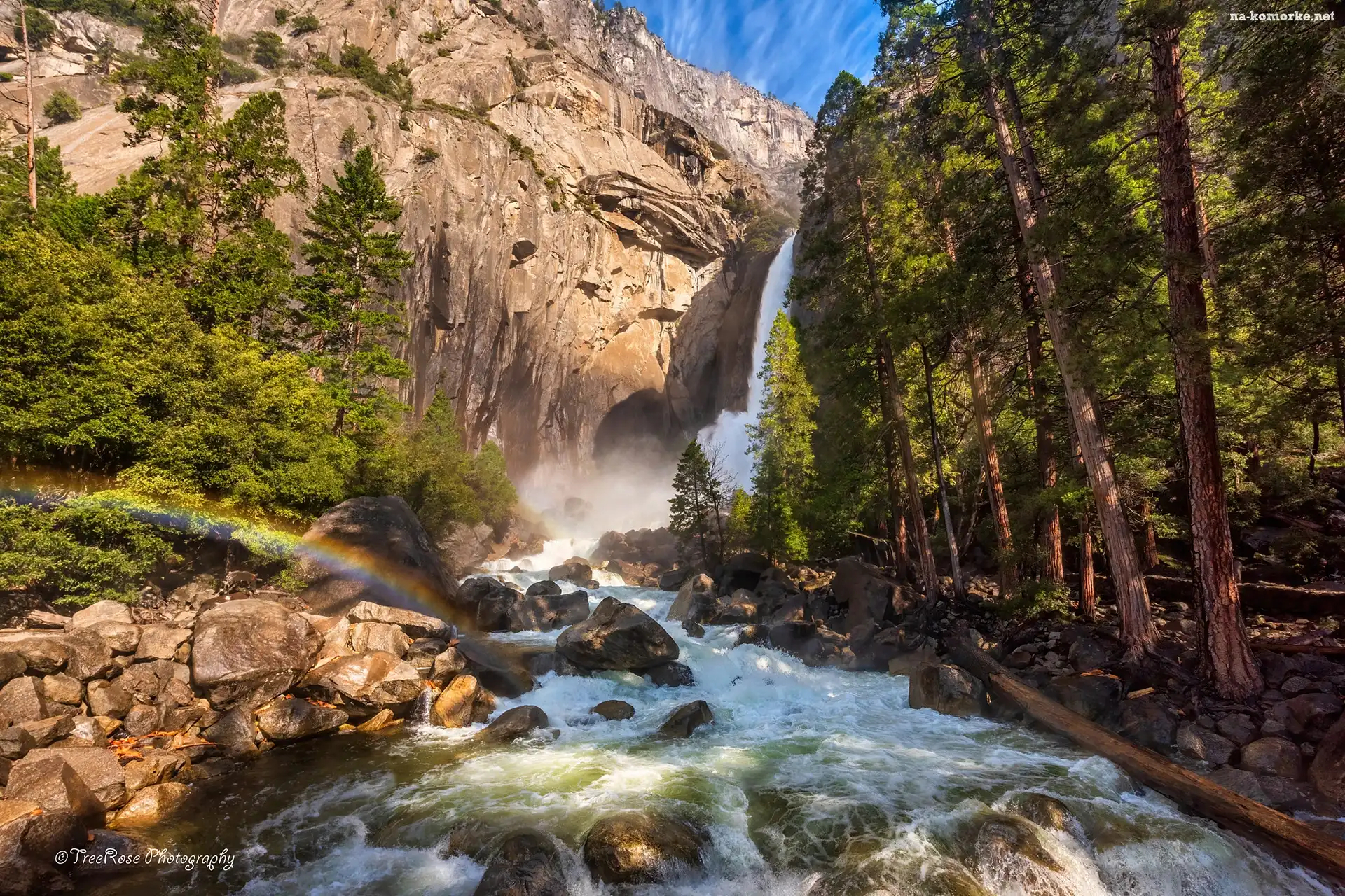 Park Narodowy Yosemite, Rzeka, Drzewa, Stany Zjednoczone, Wodospad, Tęcza, Góry, Kalifornia
