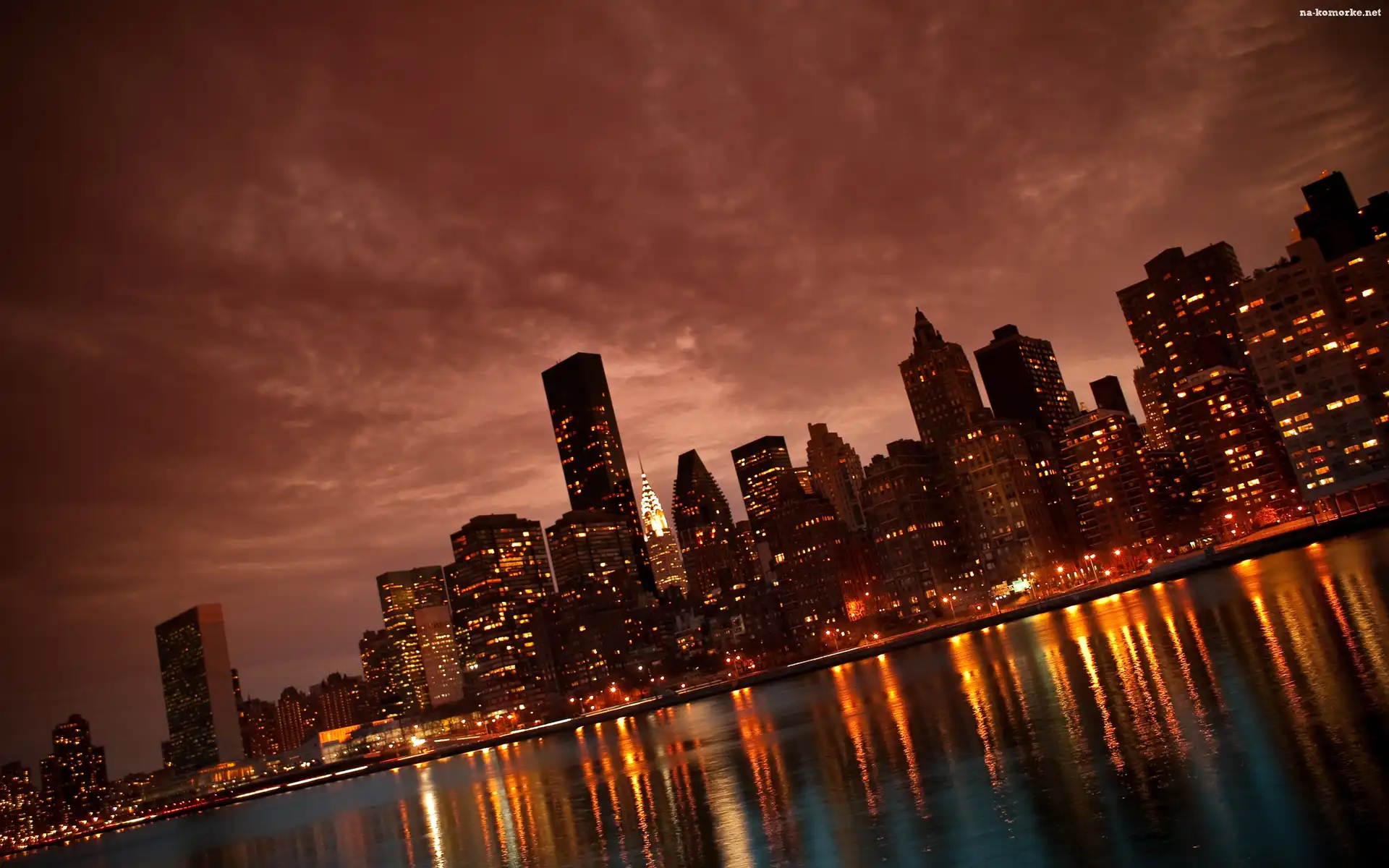 Zmrok, Nowy Jork, Manhattan, Wieżowce, Światła