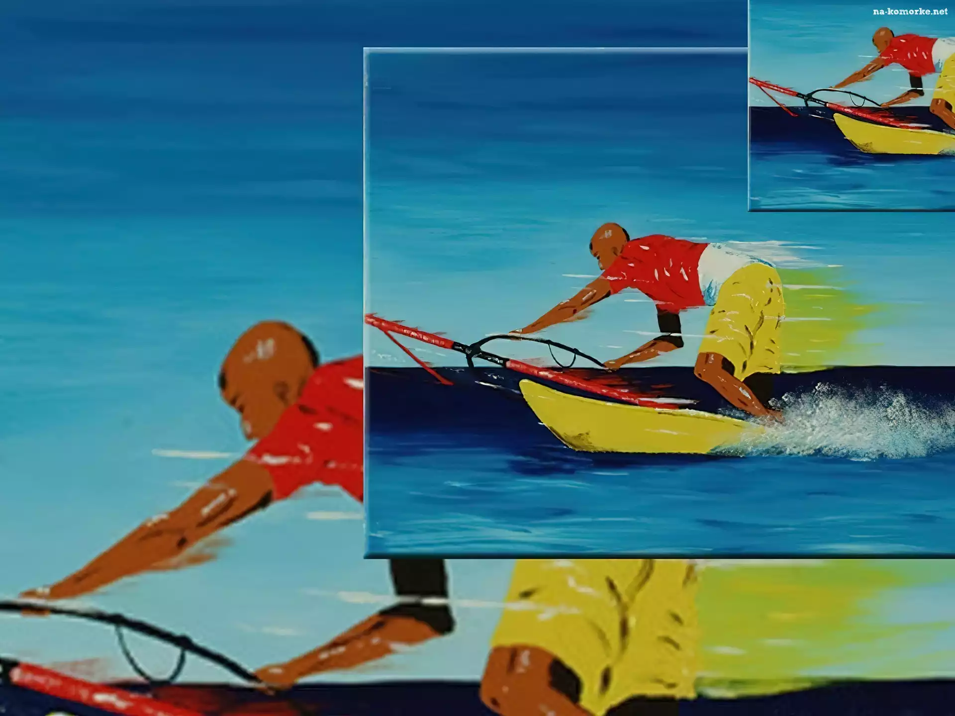 żółte spodenki, Windsurfing, deska, żagiel , morze
